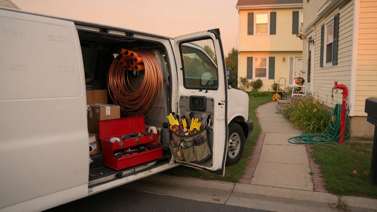 Plumbing Company van open at a residential job, copper coil and tool bags packed for the day.